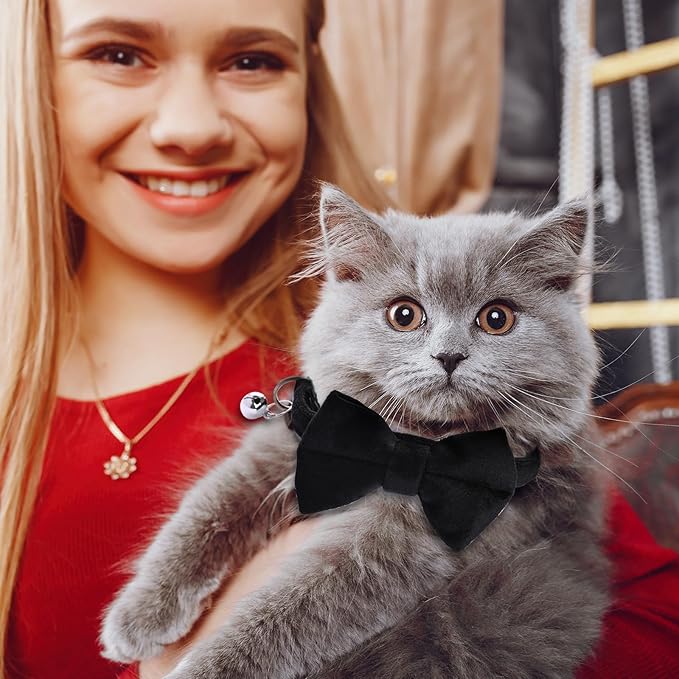 2 Pcs Velvet Cat Collar Cute Cat Bow Tie Collar Adjustable Breakaway Collars with Bell and Bow Tie Solid Color Removable Cats with Safety Buckle for Cats Kitten Puppy Pet Accessories