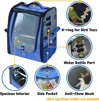Birds Day Bird Carrier Backpack-Parrot Travel Cage with 2PCS Perch and Food Bowl, Stainless Steel Tray (Sky Blue)