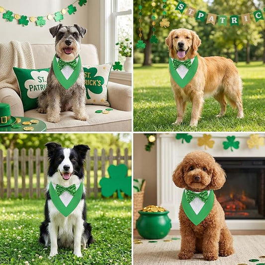 ADOGGYGO St.Patrick's Day Dog Tuxedo Bandana, Green Pet Tux Collar with Bowtie Adjustable St Patricks Costume for X-Small Dogs Pets (XS)