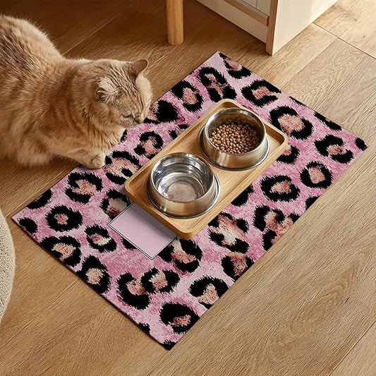 Puppy Feeding Mat 24x16 inch Pink Leopard Print Pet Bowl Placemat Non Slip Floor Mat for Food and Water Indoor Dog Feeding Station Cute Meal Pad for Small Pets Kitchen Use