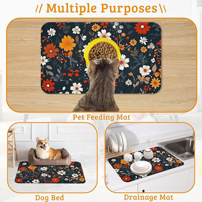 Floral Black Feeding Mat,Absorbent Quick-Dry Cat Dog Food and Water Bowl Mats,Non-Slip Rubber Backing Mat,Cat Dog Accessories Supplies 16" x 24"