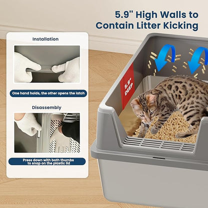 Stainless Steel Sifting Litter Box for Pine Pellets, 23.6" x 15.7" x 11.8" Large Sifting Cat Litter Box with Sifter, High Side for Big Cats, Anti-Leakage, Odor Control, Includes Scooper