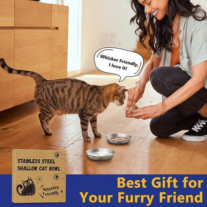 4-Pack Stainless Steel Cat Food Bowls, Shallow Whisker-Friendly Non-Slip Silicone Base Metal Dishes, Easy to Clean Indoor Water Flat Plates for Cat, Kitten, Small Dog (5.9")
