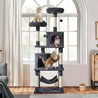 Yaheetech 70.5in Cat Tower, Multi Level Cat Tree Kitten Condo with 2 Condos & 2 Plush Perches & Scratching Post & Dangling Ball for Medium/Large Cats Dark Gray