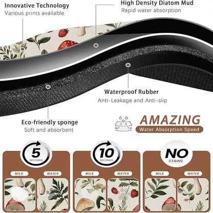 Red Mushroom Pet Feeding Mat,Fern Herb Berries Absorbent Quick-Dry Cat Dog Food and Water Bowl Mats,Non-Slip Rubber Backing Mat,Cat Dog Accessories Supplies 12"x20"