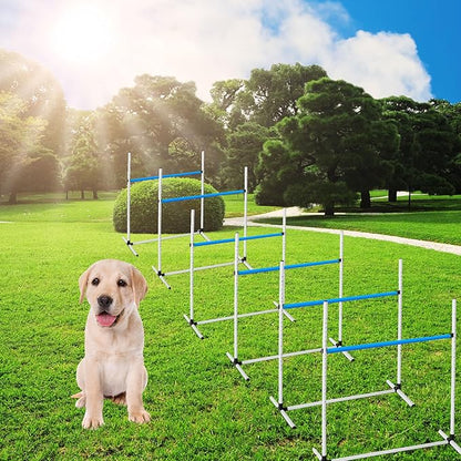 6 Pcs Dog Agility Training Equipments Dog Agility Jumps Hurdles Adjustable Jumps Hurdles Pet Jump Bars with Bag and Whistle for Indoor Outdoor Dogs Pet Jump Course Game(Blue and White)