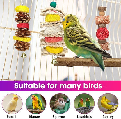 JOREWOOD 7 Pcs Natural Wood Bird Toy & Perch for Parakeets, Cockatiel & Lovebird, Budgie Play Accessory for Small Parrots Indoor Cage