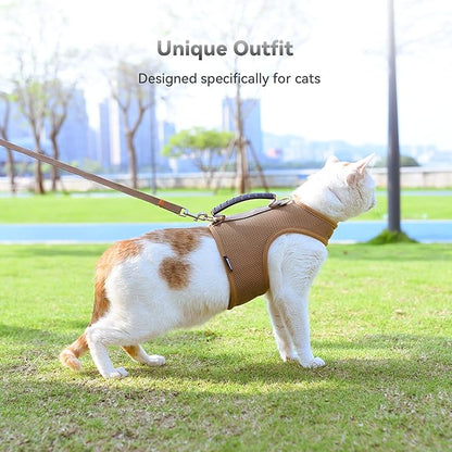 Cat Harness and Leash for Walking Escape Proof Breathable Mesh Fabric, Solid Brown, Medium, Adjustable Cat Walking Jackets with Handle, Padded Stylish Cat Vest