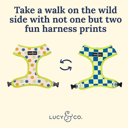 Lucy & Co. Lime Green with Blue Checker Smiley Faces, Cute Reversible Dog Harness Walking Halter - Best Designer Pet Harnesses for XS - XL Dogs - Padded Adjustable Vest for Easy Walking (X-Large)