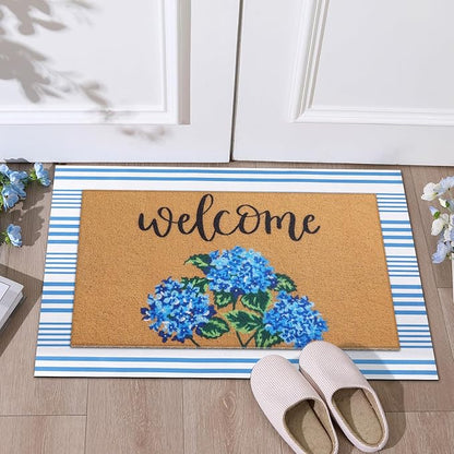 Tinideya 2 Pcs Hydrangea Door Mat Blue and White Stripe Welcome Non Slip Flower Coir Mats Floor Layering Floral Doormats Seasonal for Front Porch Entryway Decor(Blue Flower)