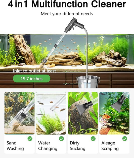 AQQA Aquarium Gravel Cleaner, 4-in-1 Upgrade Suction Power Manual Fish Tank Gravel Vacuum Cleaner Tools for Aquarium Water Changer with Water Flow Adjustment Use for Fish Tank Cleaning Gravel Sand