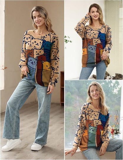 YESNO Women Christmas Sweater Graphic Printed Oversized Pullover Sweaters Casual Loose Knit Tops S01