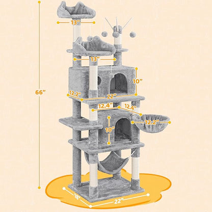 Yaheetech Cat Tree, 67in Large Tower w/ 3 Removable Teaser Sticks, 2 Kitten-Ear Shaped Perches, 2 Condos, Hammock, Scratching Post, Multi Level Pet House, Light Gray