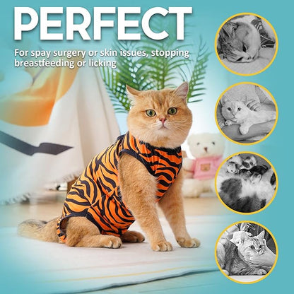 Avont Cat Recovery Suit - Kitten Onesie for Cats After Surgery, Cone of Shame Alternative Surgical Spay Suit for Female Cat, Post-Surgery or Skin Diseases Protection -Tiger(M)