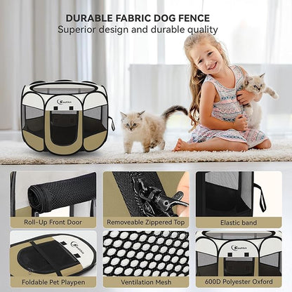 Dog Cat Playpen, Small Puppy Pet Playpen, Dog Crate Tent Cage Indoor/Outdoor, Portable Pop Up Dogs Kennel Playpen with Carrying Case for Dogs/Cats/Rabbits(Khaki, Small)