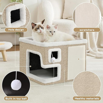 Cat Houses for Indoor Cats, Covered Cat Cave Bed with Scratch Pad and Fluffy Ball, Foldable Cat Hideaway Condo for Large Cats, Modern Kitten Bed,16.5x16.5x13 inches (Khaki‌, L)
