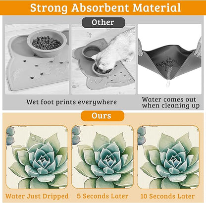 Dog Bowl Mat,Cactus Pet Feeding Mat for Floors Waterproof,Succulents Absorbent Dogs Placemat for Food and Water Quick Dry Pet Cat Feeding Mats with Non Slip Bottom 12" x 20"