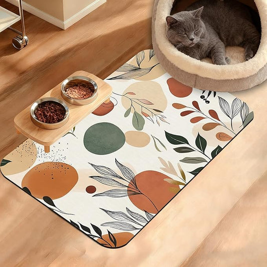 Boho Dog Cat Food Mat,Abstract Leaves Absorbent Waterproof Placemat for Food and Water Non Slip Rubber Backing Durable Feeding Pad for Clean Floors 16" x 24"