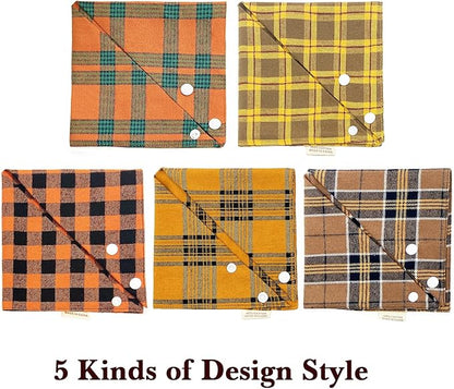 5PCS Dog Bandanas with Button - Thick Triangle Bibs Dual Layer Soft Cotton Scarves for Small Medium Boy Girl Puppy Cat Pet Baby Square Plaid Printing Washable Kerchief Halloween Costumes Outfits