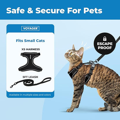 Voyager Escape-Proof Step-in Lock Cat Harness & 5ft Neoprene-Handle Leash Set All-Weather Mesh with Reflective Stitching for Small to Large Cats by Best Pet Supplies, Black (327), XS