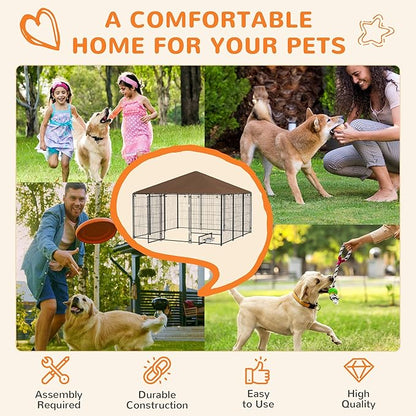 PawHut Outside Dog Kennel, 7' x 7' x 5' Puppy Play Pen with Canopy, Garden Playpen Fence Crate Enclosure Cage Rotating Bowl, for Dogs, Chickens, Ducks, Black