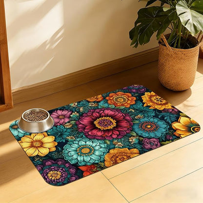 Vintage Floral Pet Feeding Mat, Fast-Dry Absorbent Dog and Cat Bowl Mat, Waterproof Rubber Base – 16x24 Inch