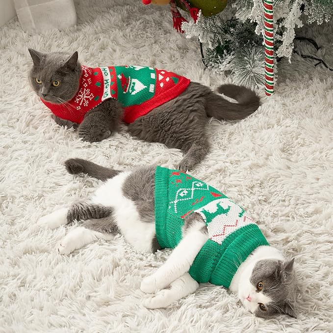 Stretchy Cat Christmas Sweater - 2 Packs Christmas Sweaters for Cats | Snug Winter-Ready Knit for Boy/Girl Cats & Kittens(Scarlet, Large)
