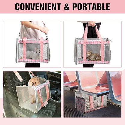EXPAWLORER Large Cat Carrier Dog Carriers Soft for Small Medium Cats Puppies Up to 20lbs, Airline Approved Pet Carrier Soft-Sided Collapsible Pet Travel Carrier Fit 2 Kitties (Pink)