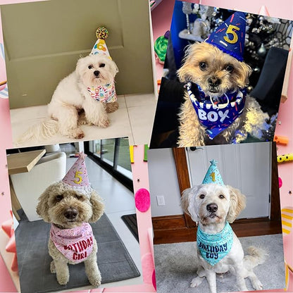 Dog Birthday Bandana Set, It's My Birthday Dog Scarfs, Pet HBD Party Decor Supplies with Colorful Polka Dots Hat Numbers Kerchief for Boy and Girl (Multicolor)