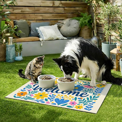 Spring Pet Feeding Mat 24" x 16" Colorful Welcome Floral Design Non Slip Dog and Cat Bowl Mat Easy Clean Pet Food Mats Fast Dry Cat Feeding Mats for Indoor Cats Absorbable Pet Food Pad