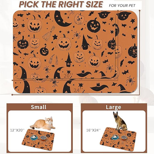 Halloween Dog Food Mat for Floors,Pumpkin Bat Absorbent Quick-Dry Pet Feeding Mat,Cat Dog Bowl Mats for Food and Water,Non-Slip Pet Accessories Supplies 16"x24"