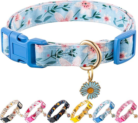 Cotton Dog Collar Blue Flower Pattern for Boys and Girls Cute Dog Collars Summer Fall Gift Adjustable for Medium to X-Large Breed Dogs (L)