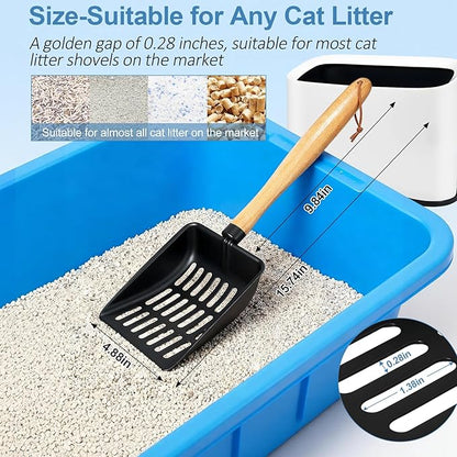 Cat Litter Scoop, Metal Litter Scoop, Heavy Duty Metal Cat Scooper for Litter Box, Black Sifter Scoop for Pellets, Wooden Handle Scoop with Hole, Kitty Necessity (9.8" Handle with Holder)