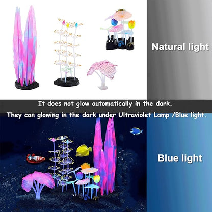 Lpraer 4 Pack Glow Aquarium Decorations Coral Anemone Lotus Leaf Seaweed Simulation Glow Plant Glowing Effect Silicone for Fish Tank Decorations