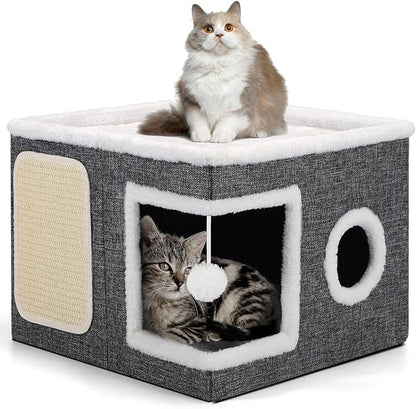 Shikha Cat Beds for Indoor Cats, Large Cat Cave with Cozy Condo, Fluffy Ball, Round Window, Foldable Indoor Cat House Hold Up to 30LBS, Cat Hideaway with Reversible Cushions for All Seasons, Grey