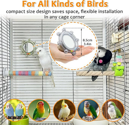 2Pcs Innovation Bird Toy with Hd Mirror, Spinner Rattle Parakeet Toy with Rustling Beads, Safely Embedded No Sharp Edges Bird Mirror for Cage, Flexibly Mounted Rotating Budgie Enrichment Fits Any Cage