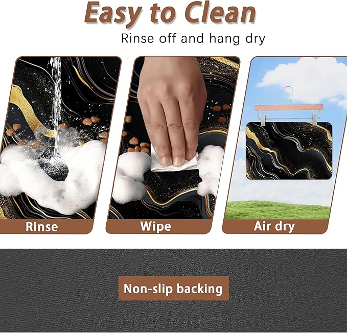 Marble Pet Feeding Mat,Black Gold Flowing Marble Absorbent Quick-Dry Cat Dog Food and Water Bowl Mats,Non-Slip Rubber Backing Mat,Cat Dog Accessories Supplies 16"x24"
