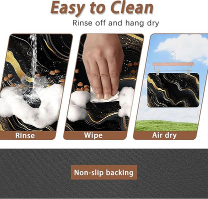 Marble Pet Feeding Mat,Black Gold Flowing Marble Absorbent Quick-Dry Cat Dog Food and Water Bowl Mats,Non-Slip Rubber Backing Mat,Cat Dog Accessories Supplies 12"x20"