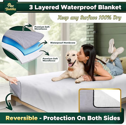 Paw Buddies Waterproof Blanket 80"x90" – Reversible Microfleece Throw for Couples, Pets & Family – Leakproof, Machine Washable Bed & Sofa Protector for Home or Travel