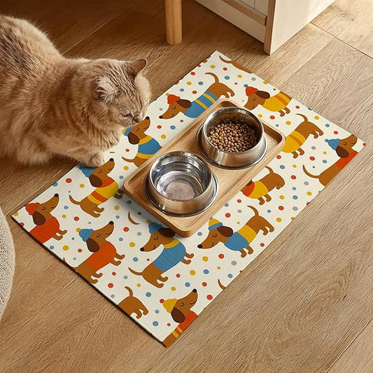Adorable Dachshund Puppy Pet Food Mat with Colorful Polka Dot Pattern Pet Bowl Mat for Dogs and Cats Non Slip Feeding Mats Easy Clean Fast Dry Cat and Dog Feedings Mats 20" x 12"