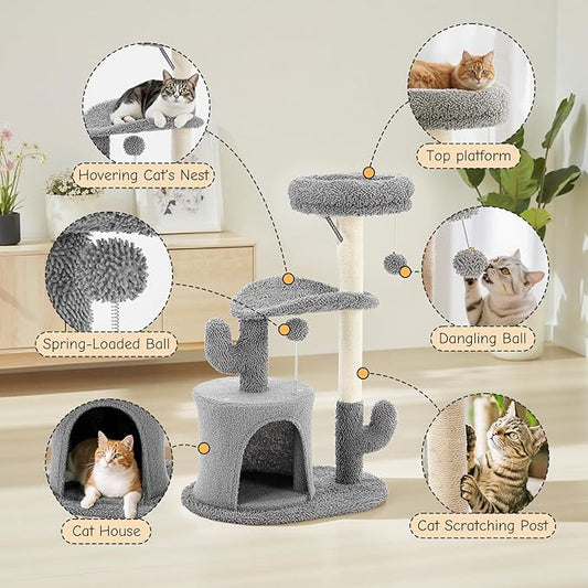 33 Inch Small Cat Tree Tower, Cat Tree with Curved Bed, Cat Tower with Scratching Post and Cozy Condo for Indoor Kittens and Cats, Grey