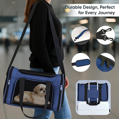 Pet Travel Carrier Bag – Airline Approved Soft-Sided Dog & Cat Carrier, Foldable, Breathable Mesh, Washable Pad – Fits Pets up to 15 lbs – The Pup Quartet (Blue)