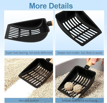 Cat Litter Scoop, Metal Litter Scoop, Heavy Duty Metal Cat Scooper for Litter Box, Black Sifter Scoop for Pellets, Wooden Handle Scoop with Hole, Kitty Necessity (5.5" Handle)
