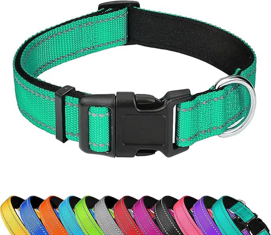 Reflective Dog Collar, Adjustable Soft Neoprene Padded Nylon Pet Collars with Buckle for Small Dogs, Grass Green,S
