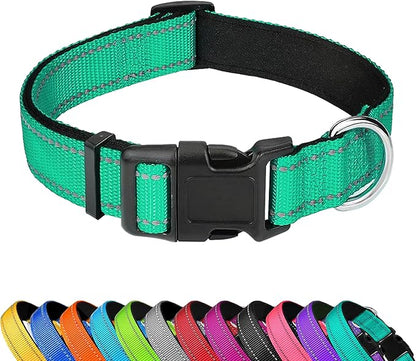 Reflective Dog Collar, Adjustable Soft Neoprene Padded Nylon Pet Collars with Buckle for Large Dogs, Grass Green,L