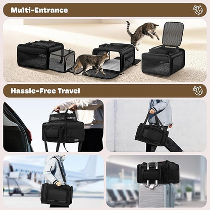 Top and 2 Sides Expandable Cat Carrier 18x13.5x9.5, TSA Airline Approved Dog Carriers for Small Dogs, Soft-Sided Pet Carrier with Self-Locking Zippers for Kitten,Rabbit, Puppy, Guinea Pig Black