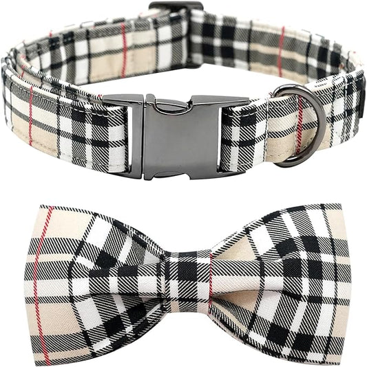 Dog Collar- Plaid Pet Collar Cute Pet Bow Soft Girl or Boy Dog Collars with Metal Buckle Adjustable Collar Cotton Comfortable Pet Collars for X-Small Puppies