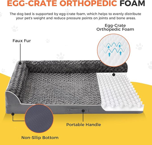 Dog Bed Large Sized Dogs, XL Orthopedic Dog Bed for Large Dogs, Waterproof Pet Bed with Washable Removable Cover, L-Shaped Pet Couch with Portable Handle 42"x30"x7.5", Dark Grey