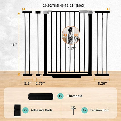 41" Tall Safety Pet Gate,Adjustable 29.92"-49.21" Wide,No Drilling Pressure Mount Kit,Auto Close Cat Gate Suitable for Stairs,Doorways (Black, 29.92"-49.21")