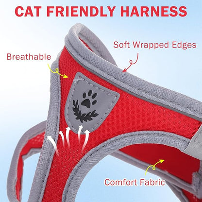SCENEREAL Cat Harness and Leash Set Escape Proof, Adjustable Soft Air Mesh Kitten Harnesses for Girls Boys Small Medium Big Cats, Reflective Light Travel Pet Walking Vest for Puppy Rabbit, Red XL